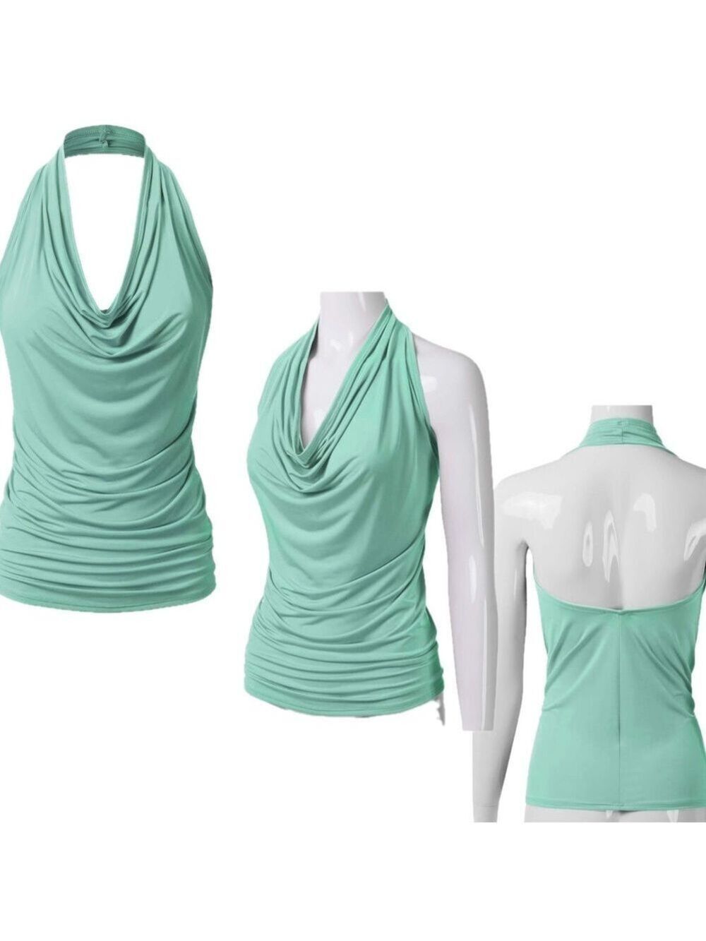 Pastel mint green draped cowl neck halter top stretchy Sz L